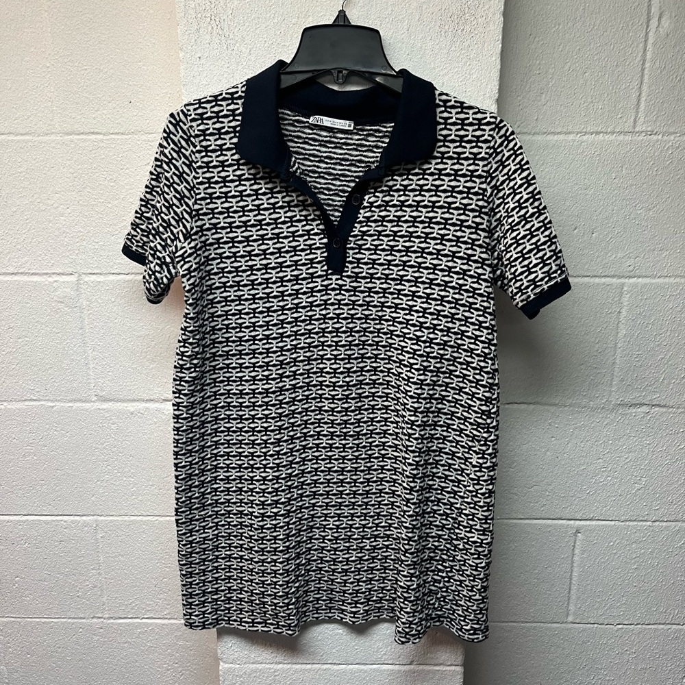 Zara Navy & White Houndstooth Polo Mini Dress - Picture 2 of 5